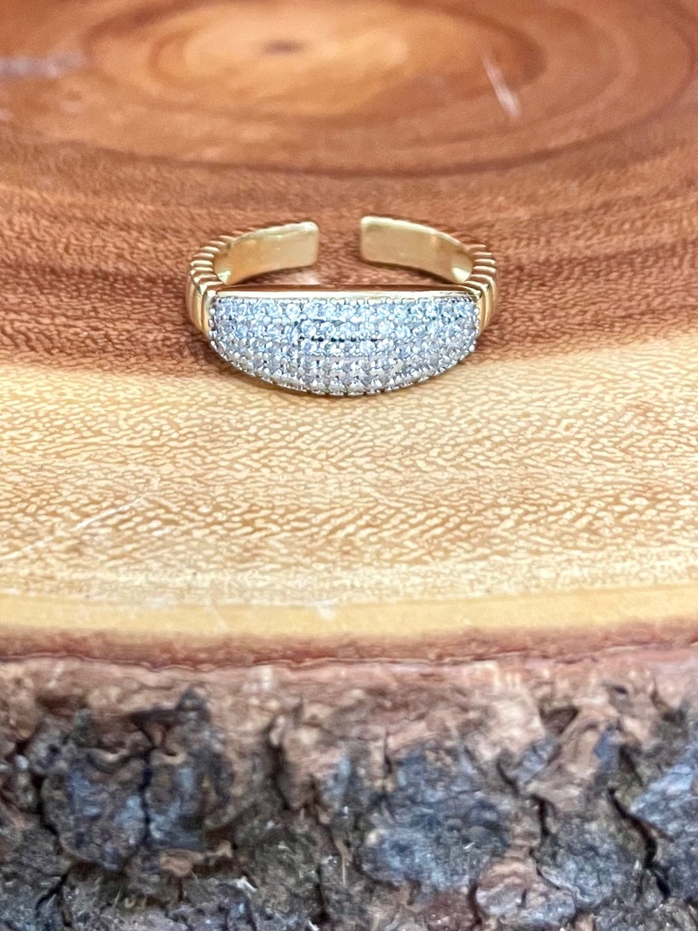 Two Tone Pavé CZ Adjustable Statement Band Ring 18K Gold Filled NWOT
